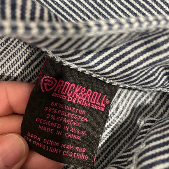 rock&roll denim navy and white pin strip high rise flare bottoms 28x34 - Picture 7 of 9